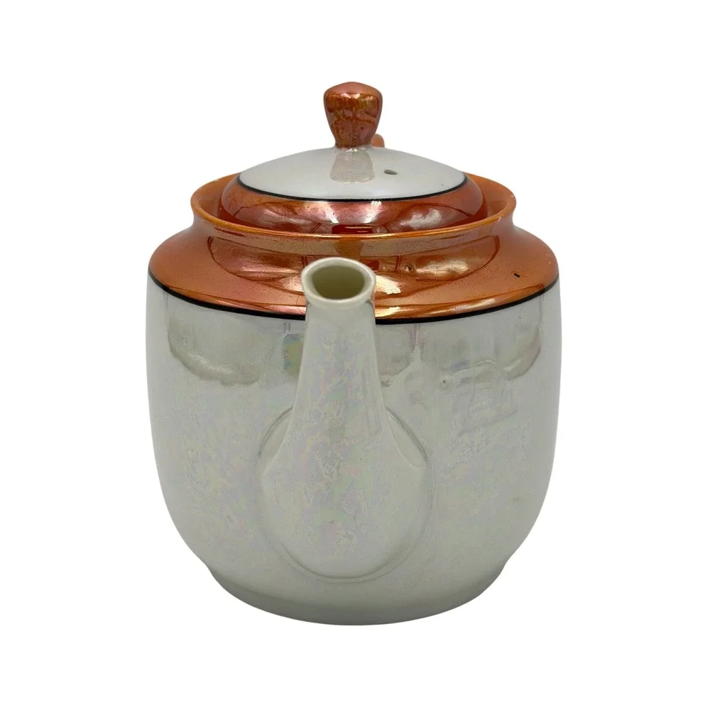 Vtg Made in Japan Iridescent Lusterware Teapot Orange‎ White Black Porcelain Lid